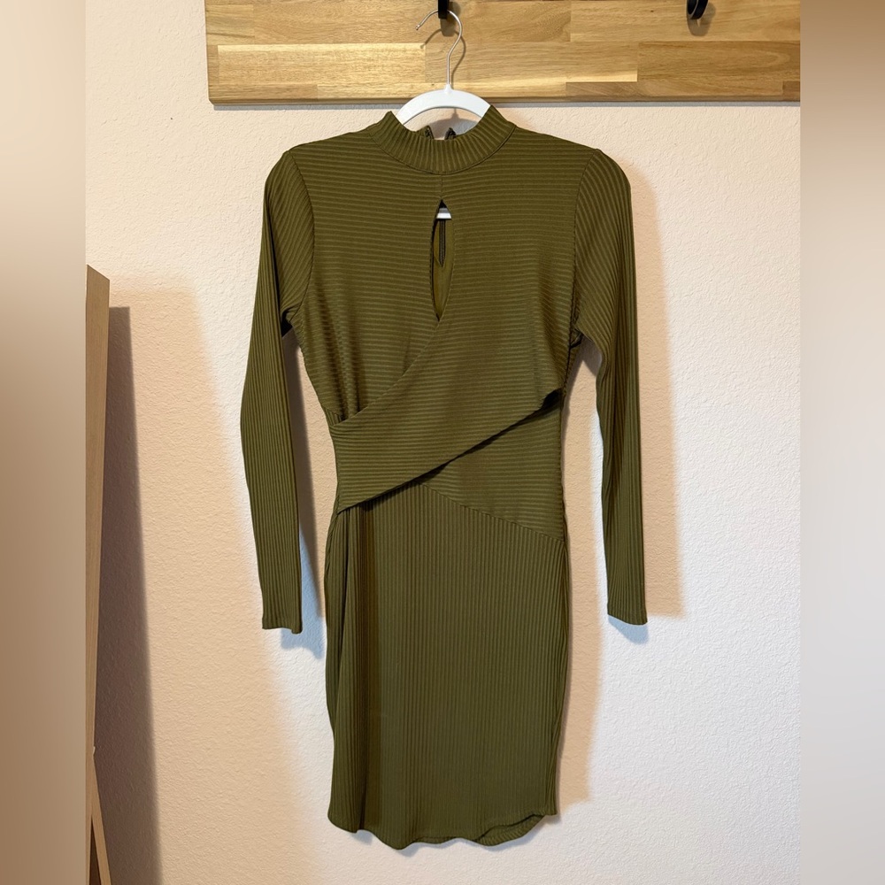 Guess Olive Ribbed Long Sleeve Bodycon Dress